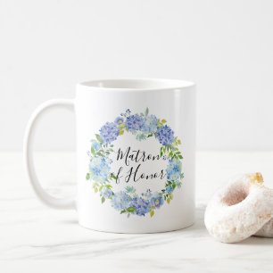 Watercolor Blue Hydrangeas Wreath Matron of Honor Coffee Mug