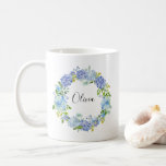 Watercolor Blue Hydrangeas Wreath Personalized Mug<br><div class="desc">Whimsical and elegant floral mug featuring watercolor hydrangeas,  peonies,  and foliage. Personalize this floral mug with your own details. Perfect as a gift or party favors.</div>