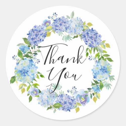 Watercolor Blue Hydrangeas Wreath Thank You Classic Round Sticker