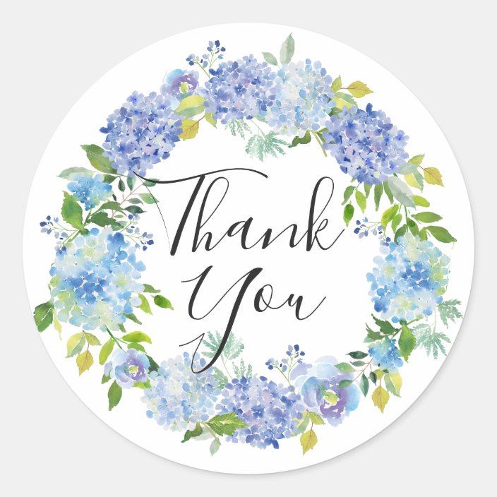 Watercolor Blue Hydrangeas Wreath Thank You Classic Round