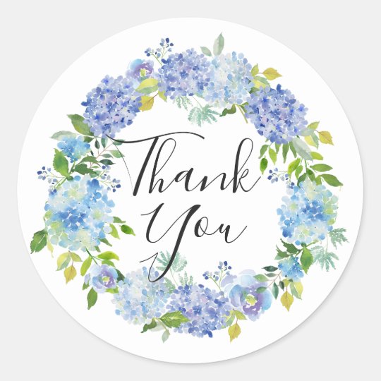 Watercolor Blue Hydrangeas Wreath Thank You Classic Round Sticker ...