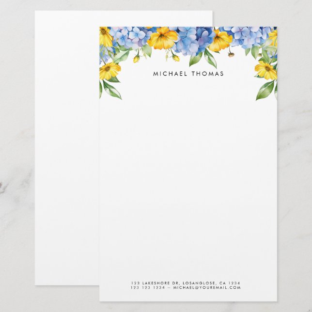 Watercolor Blue Hydrangeas & Yellow Floral  Stationery (Front/Back)