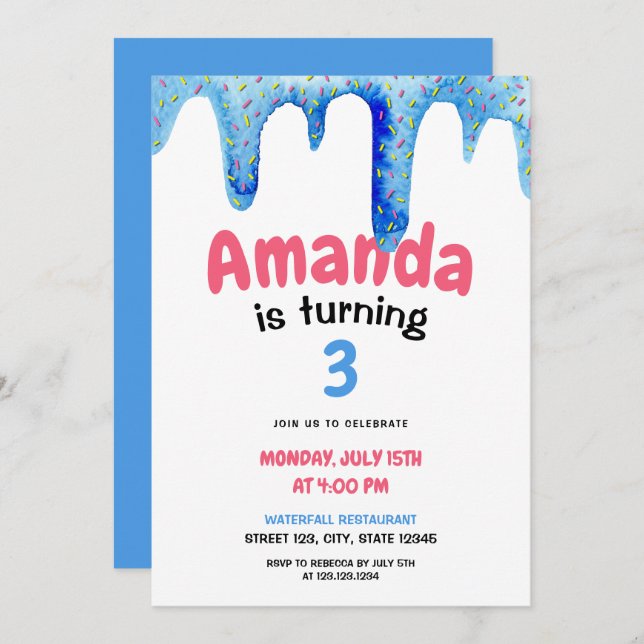 Watercolor Blue Ice Cream Drip Birthday Invitation (Front/Back)