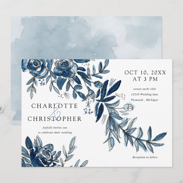 watercolor blue indigo flowers horizontal wedding invitation (Front/Back)