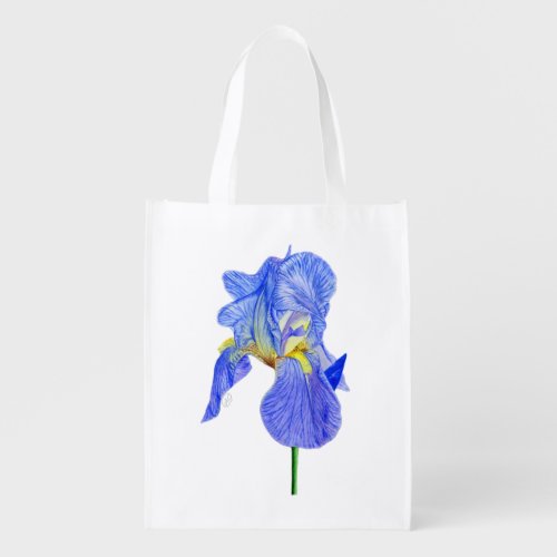 Watercolor Blue Iris Flower Reusable Grocery Bag