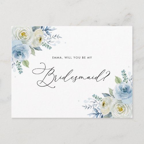 Watercolor Blue  Ivory Roses Bridesmaid Proposal Postcard