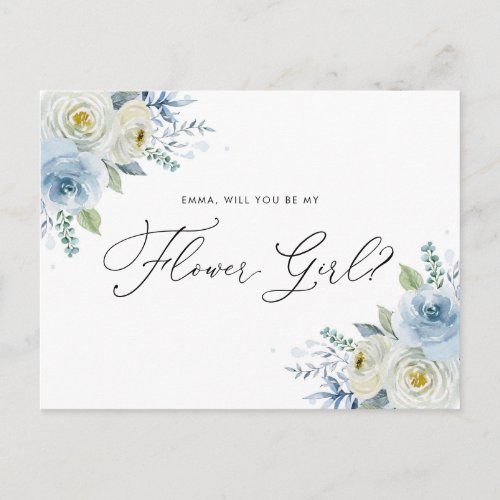 Watercolor Blue  Ivory Roses Flower Girl Proposal Postcard