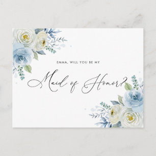 Watercolor Blue & Ivory Roses Maid of Honor Postcard