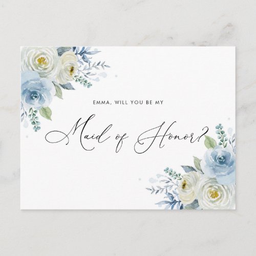 Watercolor Blue  Ivory Roses Maid of Honor Postcard