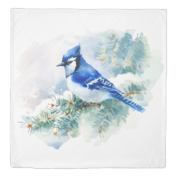 Watercolor Blue Jay (1 Side) Queen Duvet Cover by FantasyPillows at Zazzle