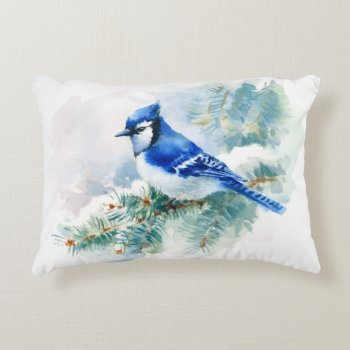 Watercolor Blue Jay Accent Pillow by FantasyPillows at Zazzle