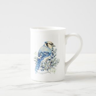 Watercolor Blue Jay Bird Blueberries Country Art