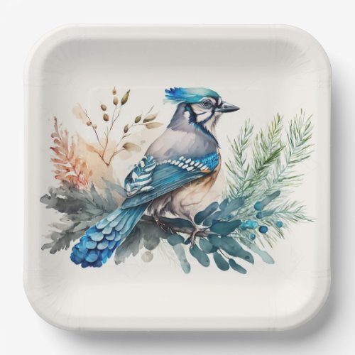 Watercolor Blue Jay Bird Paper Plates