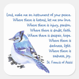 Watercolor Blue Jay Bird St. Francis Prayer Square Sticker