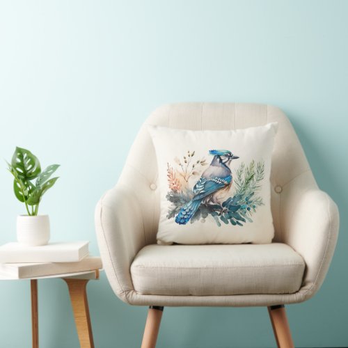 Watercolor Blue Jay Bird Throw Pillow