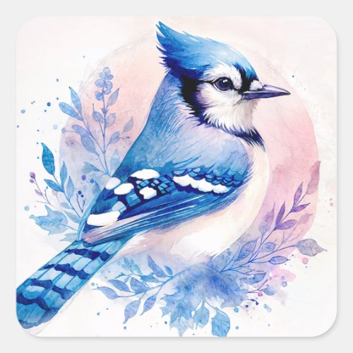 Watercolor Blue Jay Botanical Bird Square Sticker