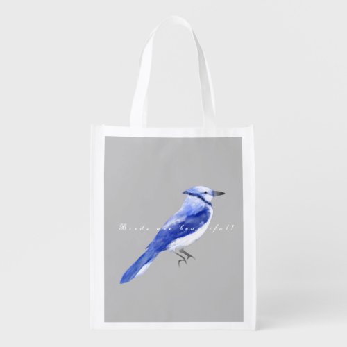 Watercolor Blue Jay deep navy blue saturated Grocery Bag