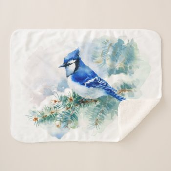 Watercolor Blue Jay Small Sherpa Blanket by FantasyBlankets at Zazzle