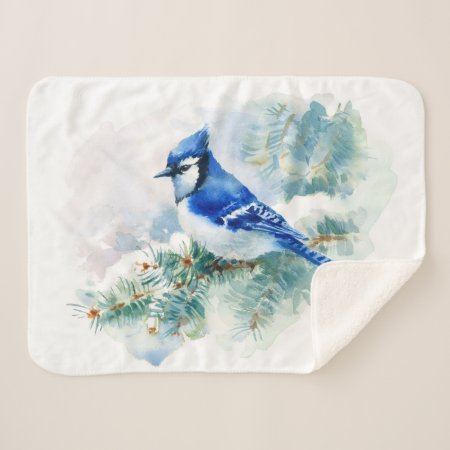Watercolor Blue Jay Small Sherpa Blanket
