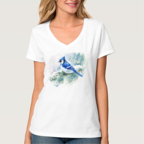 Watercolor Blue Jay V_Neck T_Shirt