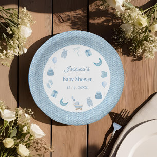 Watercolor Blue Jean Baby Denim Baby Shower Paper Plates
