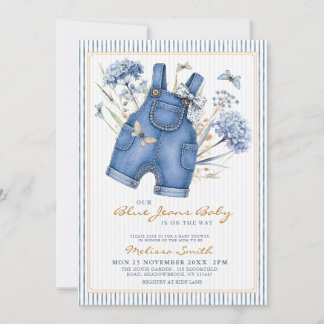 Watercolor Blue Jean Denim Overalls Baby Shower Invitation