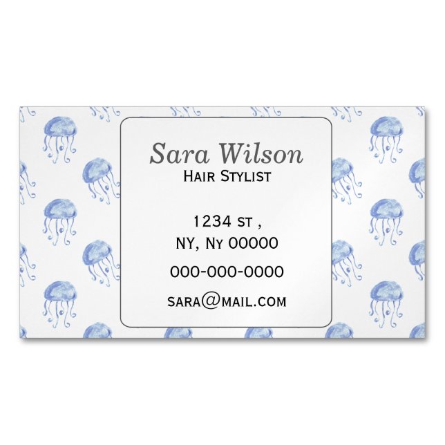 watercolor blue jellyfish beach design business card magnet (Front)
