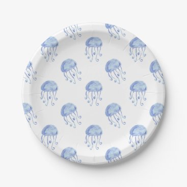 watercolor blue jellyfish beach design paper plates