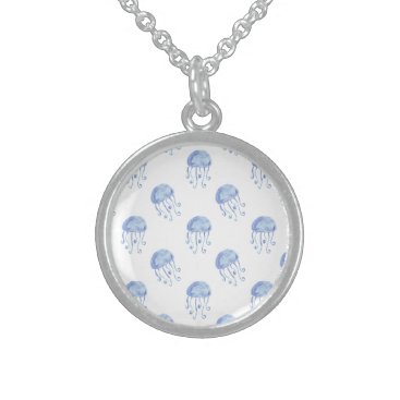 watercolor blue jellyfish beach design sterling silver necklace