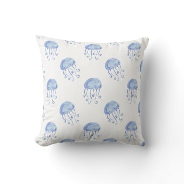 watercolor blue jellyfish beach design throw pillow