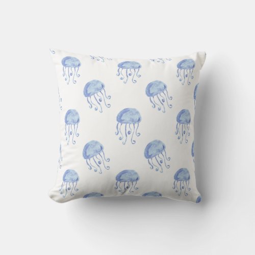 watercolor blue jellyfish beach design throw pillow