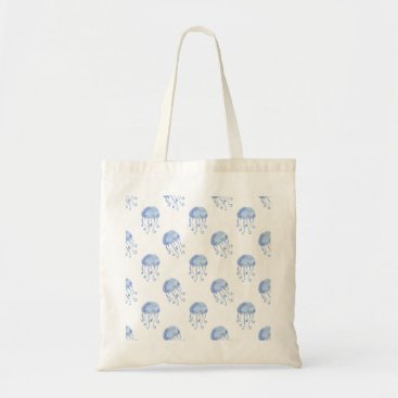watercolor blue jellyfish beach design tote bag