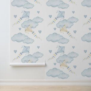 Watercolor Blue Kites Clouds Baby Boy Nursery Wallpaper