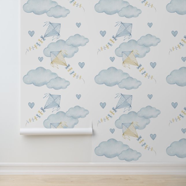 Watercolor Blue Kites Clouds Baby Boy Nursery Wallpaper (Application)