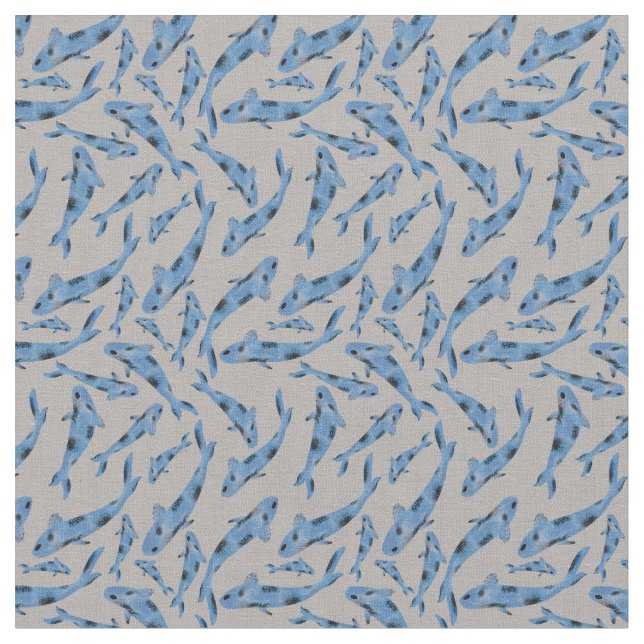 Watercolor Blue Koi Fish Gray Pattern Fabric (Close Up)