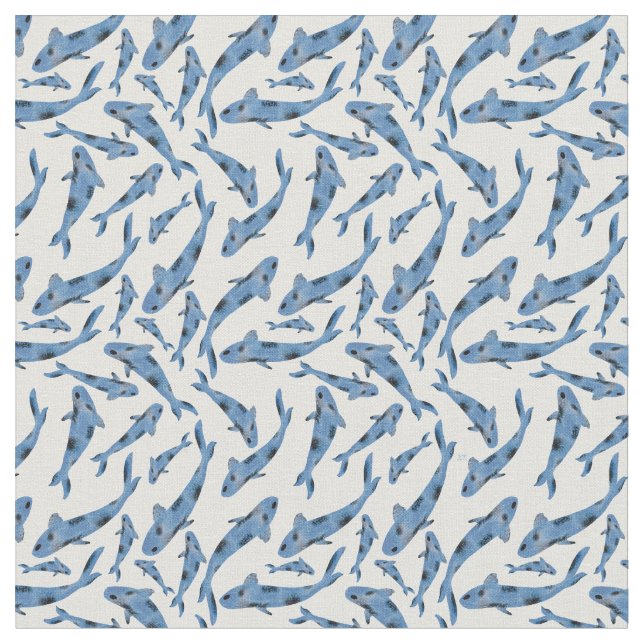 Watercolor Blue Koi Fish Pattern Fabric (Close Up)