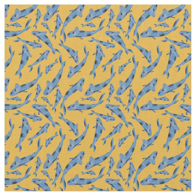 Watercolor Blue Koi Fish Yellow Pattern Fabric (Close Up)