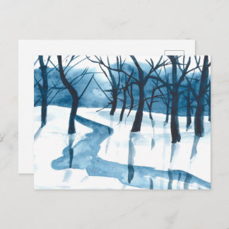 Watercolor blue landscape, trees and river, snowy  holiday postcard