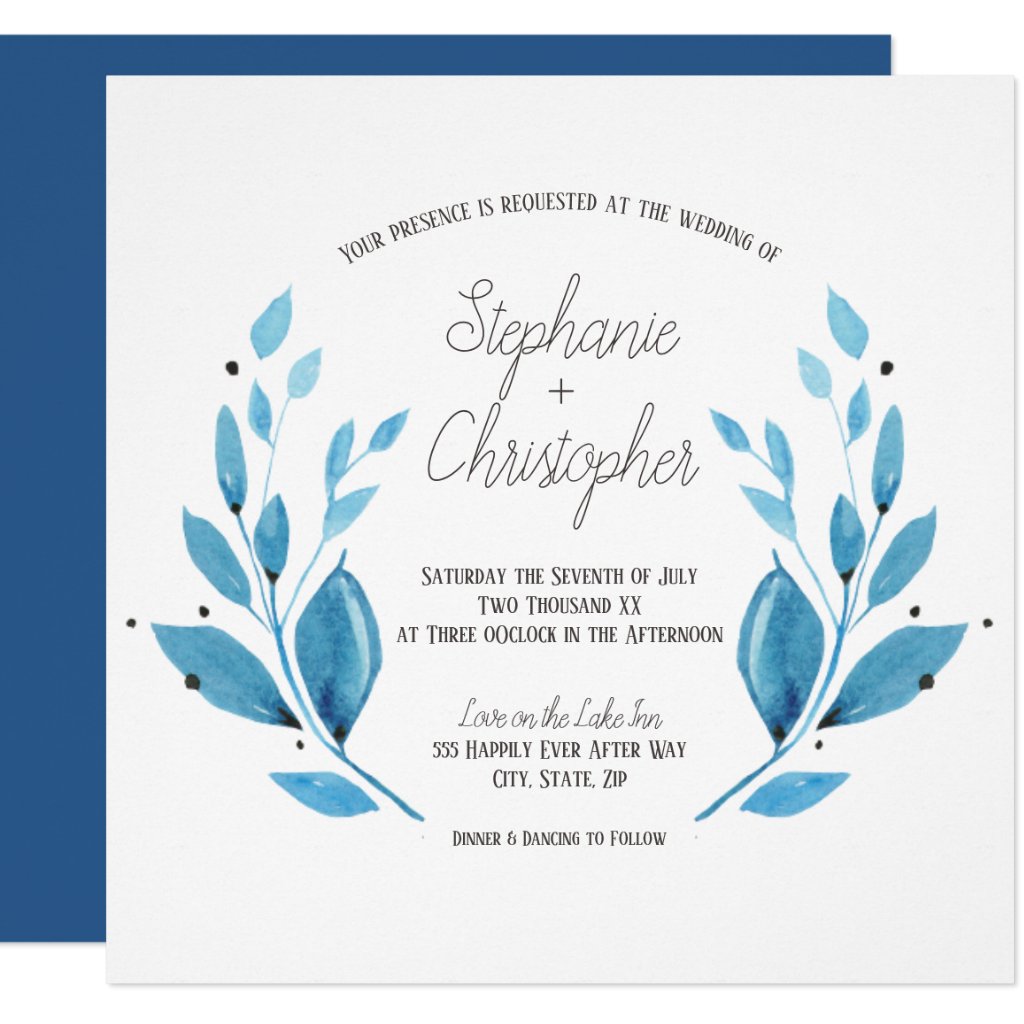 Watercolor Blue Leaf Wreath Typography Wedding Invitation