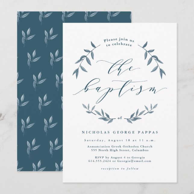 Watercolor blue leaves baptism invitation (Front/Back)