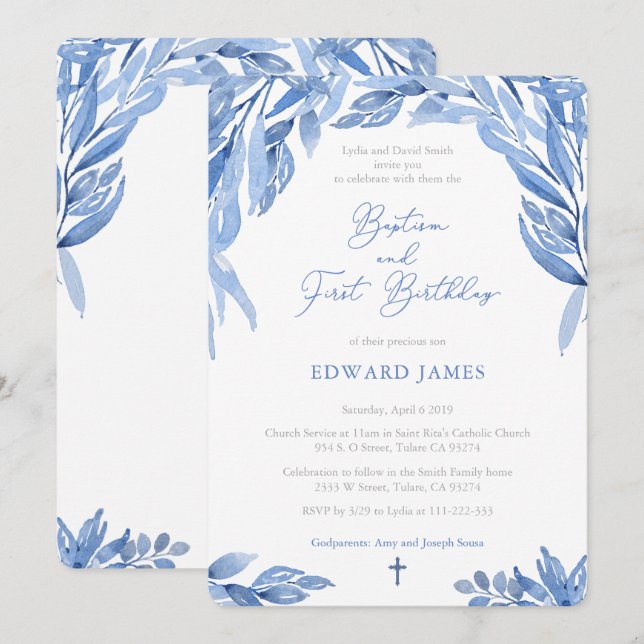 Watercolor Blue Leaves Boy Baptism 1st Birthday Invitation (Front/Back)
