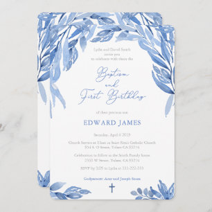 Watercolor Blue Leaves Boy Baptism 1st Birthday Invitation