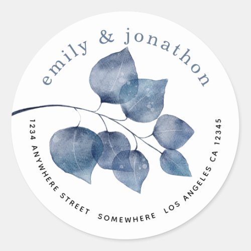 Watercolor Blue Leaves Names Return Address Classic Round Sticker