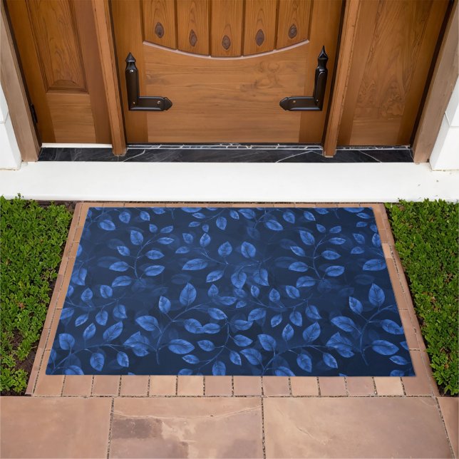 Watercolor Blue Leaves Pattern Doormat (Outdoor)
