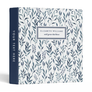 Watercolor Blue Leaves Pattern Personalized   3 Ring Binder