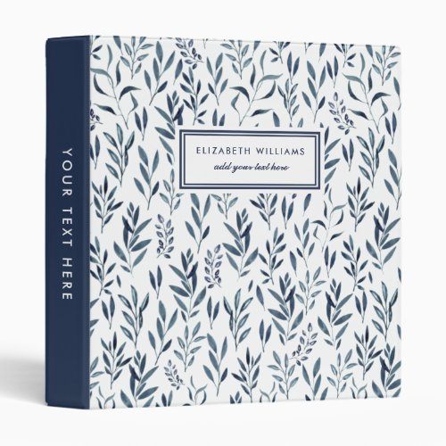 Watercolor Blue Leaves Pattern Personalized   3 Ring Binder