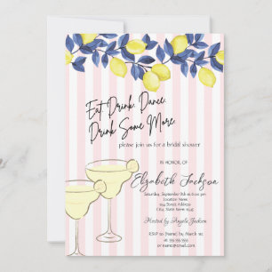 Watercolor Blue Lemons Martini Pink Stripes Invitation