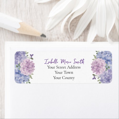 Watercolor Blue  Lilac Hydrangea Flowers Wedding  Label