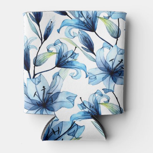 Watercolor Blue Lilies Floral Print Can Cooler