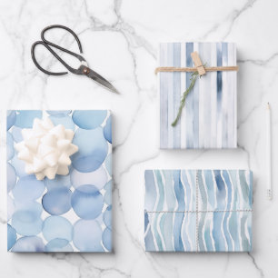 Watercolor Blue Lines Circles Abstract Pattern Wrapping Paper Sheets